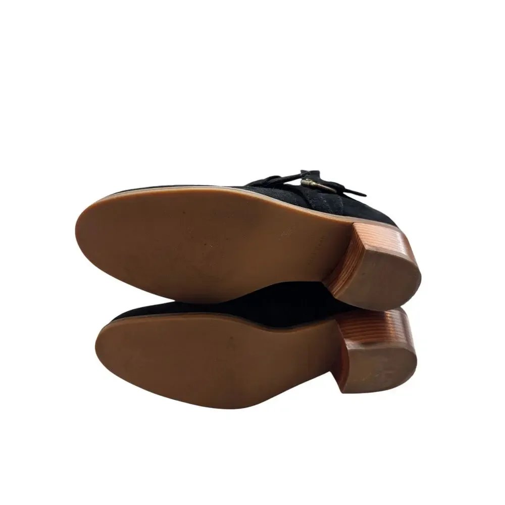 Cole Haan Grand.OS Black Suede Moto Ankle Booties Buckle Strap 2” Heel Women’s 6